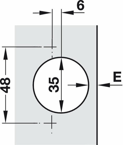 Softclose scharnier, halfvoorliggend met excenterschroef technische tekening